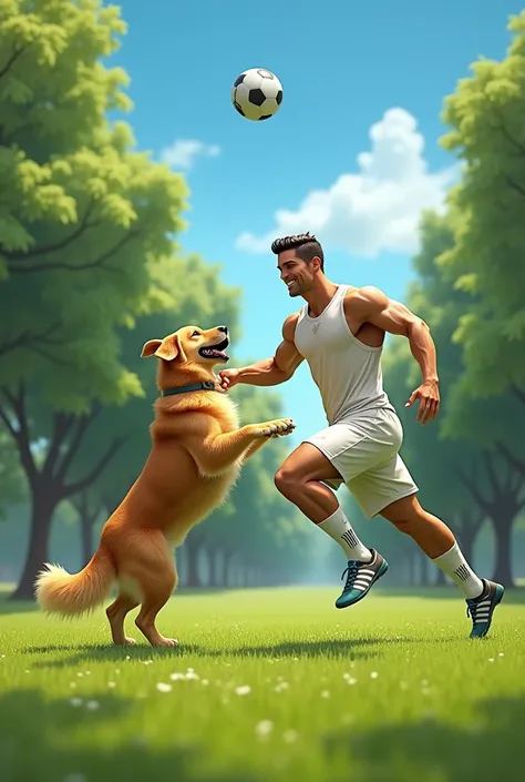 "Create an image of a muscular man resembling a famous football player, Cristiano Ronaldo, playing with a large, playful golden retriever in a lush green park. The man is wearing casual sportswear, and they are both enjoying a sunny day, with the dog jumpi...