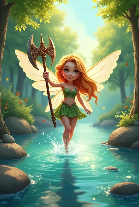 beautiful fairy rise into the river with a wonderful axe cartoon image