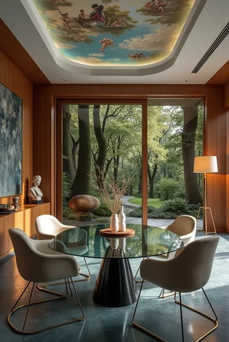 raw photo, ultrarealism, (curvy dining room with glass dining table, ((((glass chairs)))), (((ceiling with paint of frescoes))) in the middle of the forest, wood walls, terrezza flooring blue, contemporary white floor lamp, classic sculpture