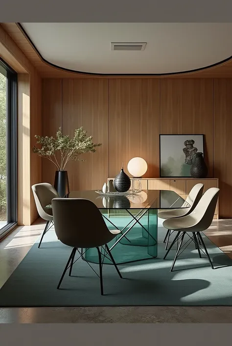 raw photo, ultrarealism, (curvy dining room with glass dining table, ((((glass chairs)))), curved wood ceiling in the middle of the forest, wood walls, terrezza flooring blue, contemporary white floor lamp, classic sculpture