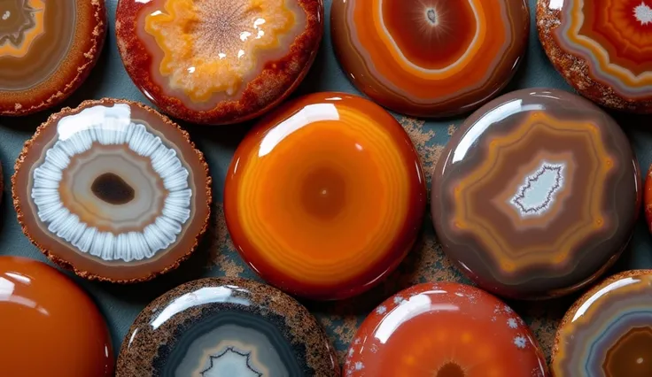 Image is a high-resolution photograph featuring a collection of polished agate stones. The layout is a close-up view, showcasing the smooth, glossy surfaces of the stones, which are arranged in a visually appealing manner. The stones display a variety of r...