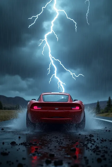 A picture with Lightning McQueen in the foreground but you should only see him from behind and in the background a breathtaking dark landscape and thunderstorms and it should rain on them and lightning should be in the sky and Lightning McQueen should be w...