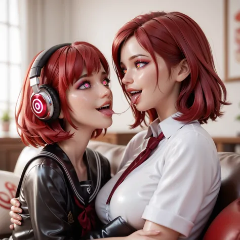 Mother and young daughter with red hair in extremely tight shiny latex school uniform,  high resolution ,  masterpiece, Medium hair, shiny hair, saliva, salivafluss, Spiral eyes, salivaspur, seductive smile,  Sitting on the couch ,kiss, Strong Makeup, head...