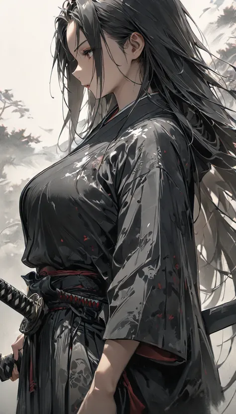 portrait, 1 girl, One,  long hair,  big breasts ,   Japanese clothes , black clothes, samurai, (hakama), (holds a weapon ,  katana ), , sheath, shadow, Ink painting , [[gray gradations ]], simple background, (windy), (masterpiece:1.2),  better quality, Sup...