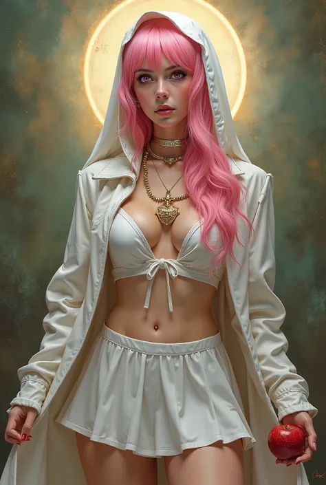 Virgin Mary,  Pink hair, pink areola ,  pink eyes , white veil, dog collar, brazier blanco,  white mini skirt , tennis suit,  smoking marijuana from an apple,  milf milf milf, aureola, chaqueta de cuero, 