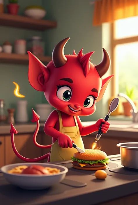 Cute animated devil cooking hamburger