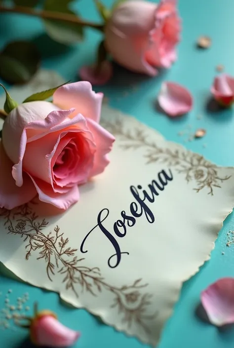  Here is a description of the image provided in Portuguese:

 The image shows a scroll or roll of brown paper with the name  "JOSEFINA "  written in elegant and dark calligraphy .  On the scroll , descansa umIn pink vermelha vibrante,  partially open ,  wi...