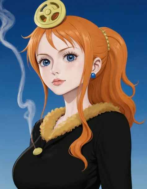 woman with a big breast and a big breast, nami one piece, blue eyes, smoking, ponytail, nsfw