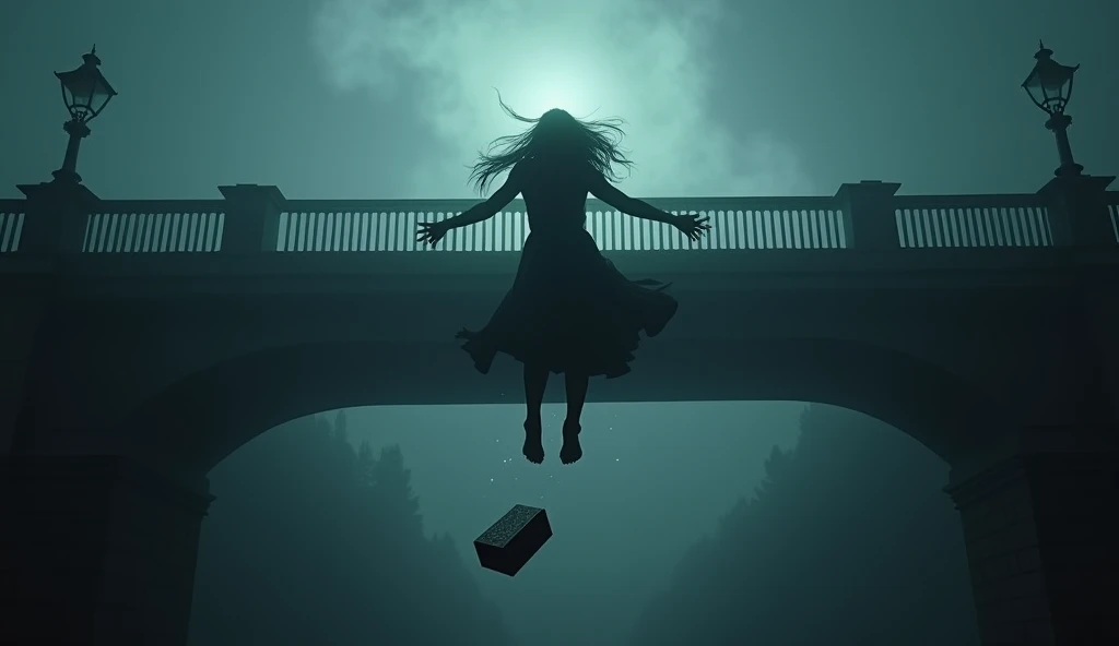 The foggy bridge at night: A woman’s silhouette falling mid-air, with the jewelry box slipping from her hands.