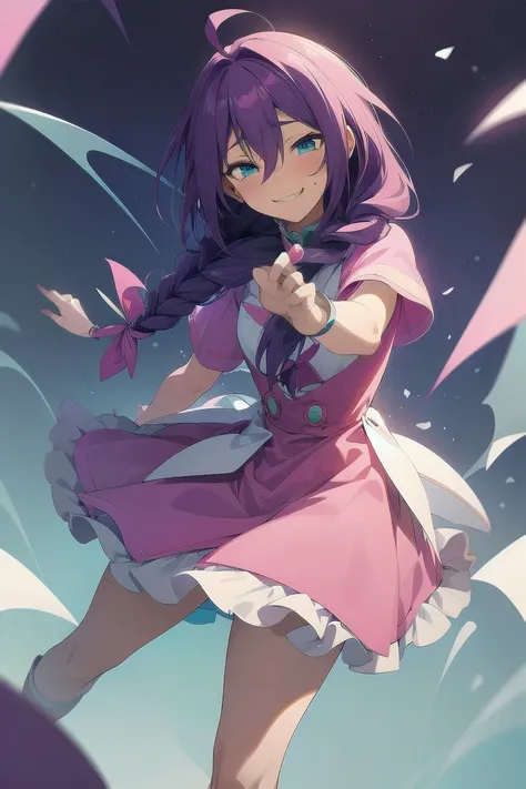 long hair, mole under mouth, purple hair, single braid, hair between eyes, aqua eyes, sharp teeth, ahoge, blush, smile, pink dress, magical girl, hair ribbon