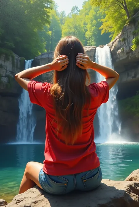 Oil painting, virtual real photo, beautiful girl gathering her hair behind looking at the viewer. In mobile, beer budwisor, red shirt, shorts, sitting on rocks. The background is a beautiful waterfall and forest complete in high resolution.,  masterpieces ...