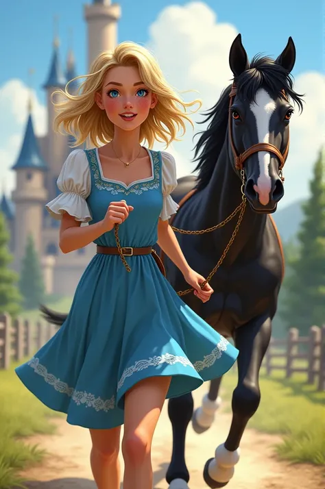 Myself blond gold and red Two French braids on the sides ,  blue eyes , not made up, Freckles matching hair color ,  blue dress with blue decorations ,  I hold a black horse with white shoes  ( hold part of the hooves is white do you know what I mean ?)  w...