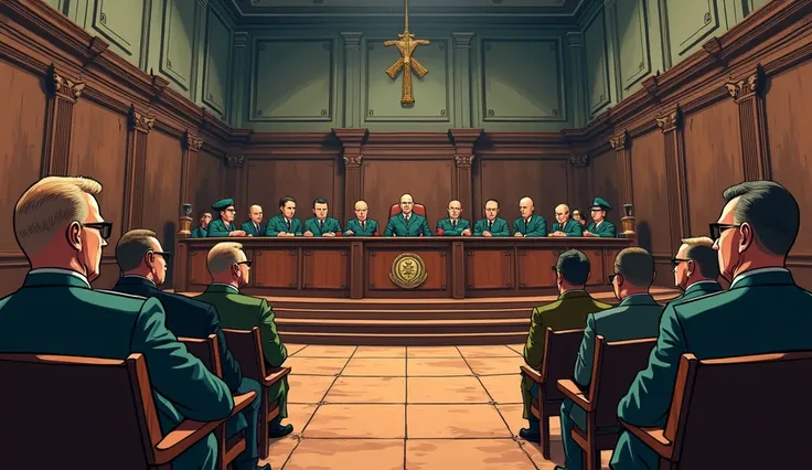 A wide-angle view of the Nuremberg courtroom during the trials. The defendants sit in a row, guarded by military personnel, while judges preside over the tribunal. The scene is solemn, with spectators and journalists observing from the gallery, cartoon ani...