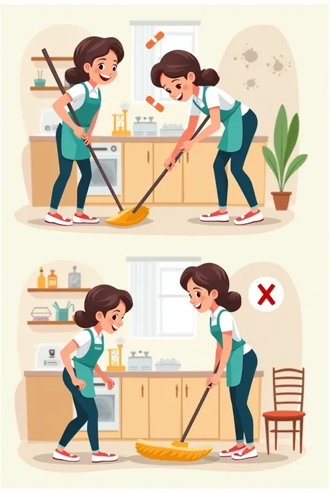 can u generate a girl housekeeping and it shows 2 different pictures. ONE CORRECT WAY OF ERGONOMIC HAZARD SWEEPING AND ONE WRONG WAY

make it cartoon typed like clipart

make it 2 different places, put a gap between them



and make it more looking differe...