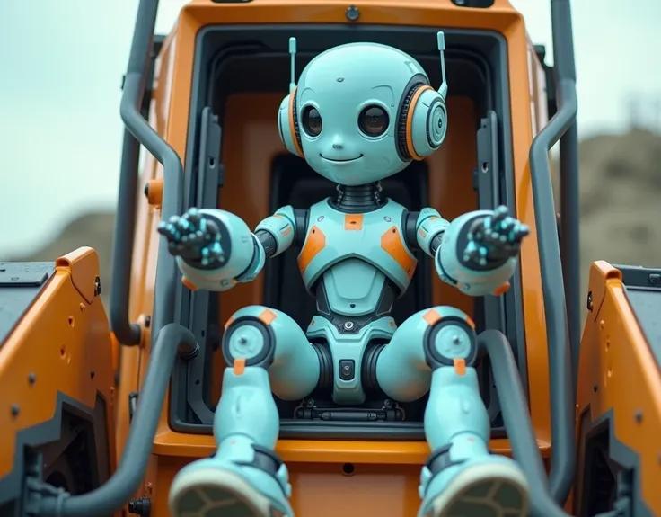 live action、Genuine、 humanoid robot for construction work like heavy machinery、full length３ m 、light blue and orange hues、Camera Lens２Polked face 、 large headphone-shaped antenna in both ears 、 beautiful Japanese woman in the cockpit 、 light blue and orang...