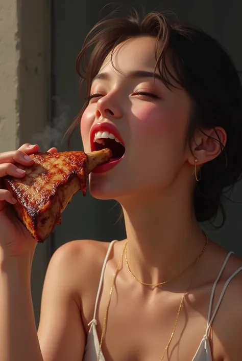 A girl eating meat deliciously