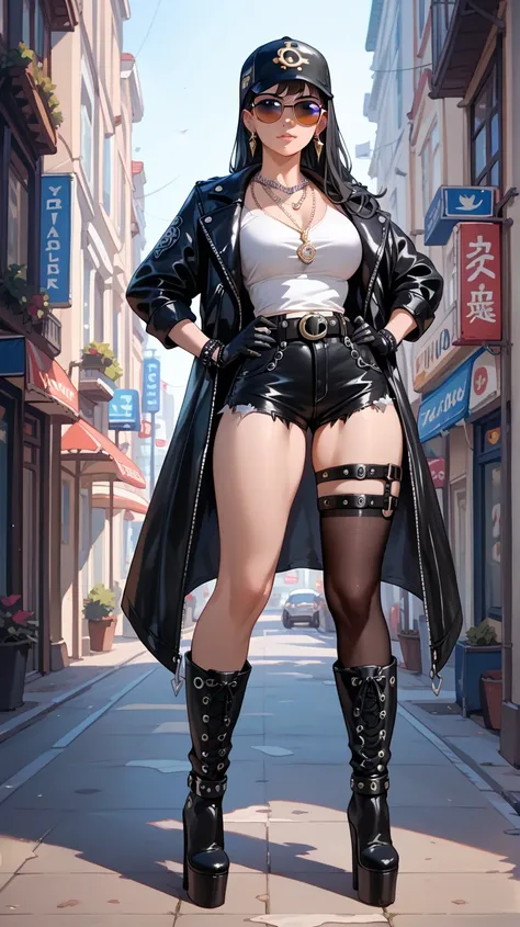 Full body painting　cap black short leather jacket　 Necklaces 　 black leather hotpants 　 thick belt　extra long platform thigh-high boots　Black gloves　 Necklaces 　 large belt buckle　Tall, long-legged woman　Chain wallet 　Long black hair　 sunglasses　８Head to B...