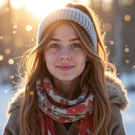 A positive motivator for a good day, glowing, winter, sunshine, 1 girl, detailed face, beautiful detailed eyes, beautiful detailed lips, extremely detailed eyes and face, long eyelashes, warm winter outfit, snow, snowflakes, golden sunlight, sun rays, (bes...