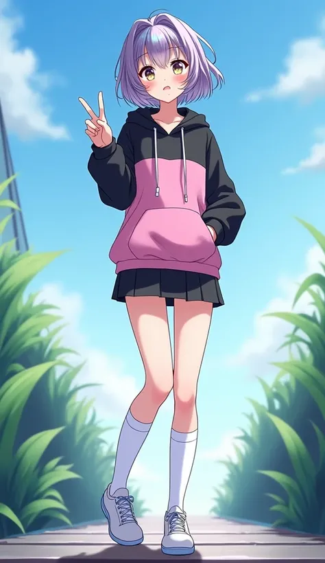 masterpiece,  best quality,  high definition ,  very detailed,((( pretty girl with iridescent hair ))), ((( Japanese anime))), ((( short hair ))), (((pink and black hoodie ))), ((( Mini Skirt))), ((( white high socks ))), ((( white sneakers ))), ((( standi...