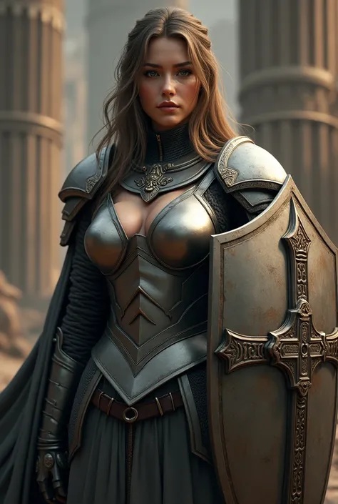 a proud knight woman with jaw dropping beauty in heavy open shoulder breastplate armor with a giant cross shield, highly detailed, by Range Murata, artgerm, digital illustration, beautiful, concept art, best of Artstation, trending on artstation, smooth, s...