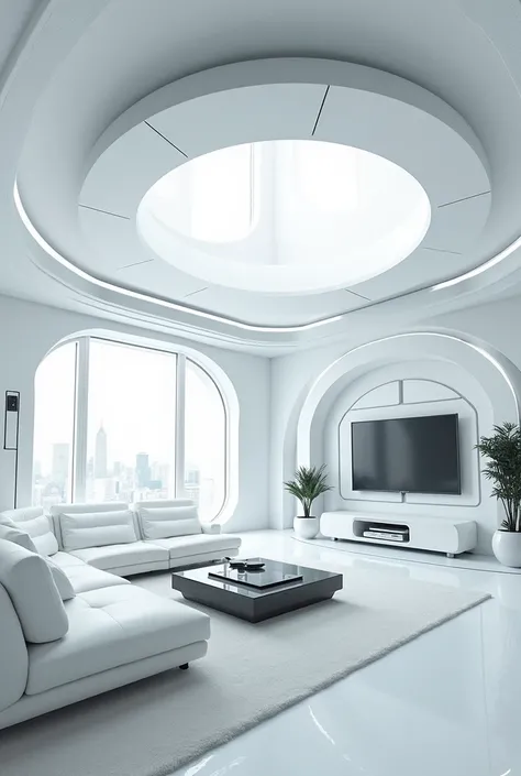  Make me a living room with a television inspired by the fantastic four in the Baxter building in which the color white predominates. 