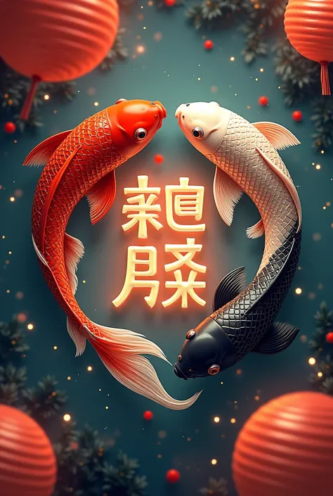 create art for HACTECH lettering in Lunar New Year style with 2 small carps, 1 red and 1 black, flying around