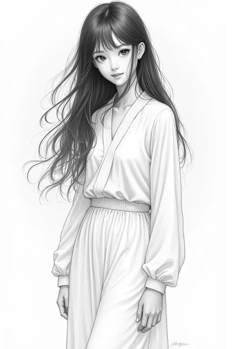  A drawing of a girl with long hair ,  almond eyes loose clothing black and white, white skin tone, of normal height, medium build, upturned nose and thin lips , stop greeting