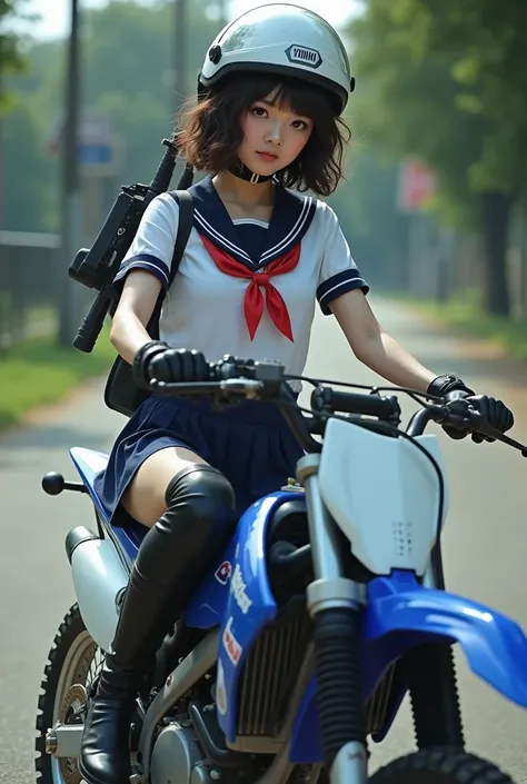  Documentary Photo ,  realistic ,  camera pointing at your butt,  cleavage,  dramatic scene ,  very beautiful Japanese high school girl , Bad boy, Short Curly Hair, Trying to ride a motorcycle , In front of a Japanese high school,   Masterpiece , ( face fo...