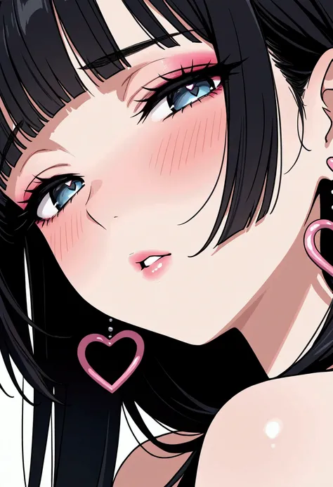 a girl with large earrings looking cute and nervous looking to the right, 1girl, black hair, solo, jewelry, half-closed eyes, earrings, blush, bangs, looking at viewer, close-up, makeup, heart, parted lips, blunt bangs, heart earrings