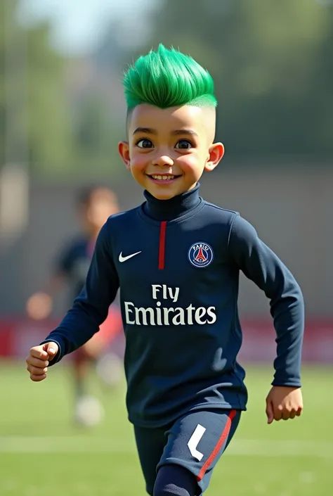 Create a realistic boy s in sports lessons .  He has green dyed hair and he has a taperfade as a hairstyle.  He is wearing shorts and jersey from the soccer team Paris Saint Germain. Ert is wearing a termo outfit underneath 