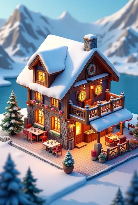 Create a restaurant in isometric 3d during the winter 