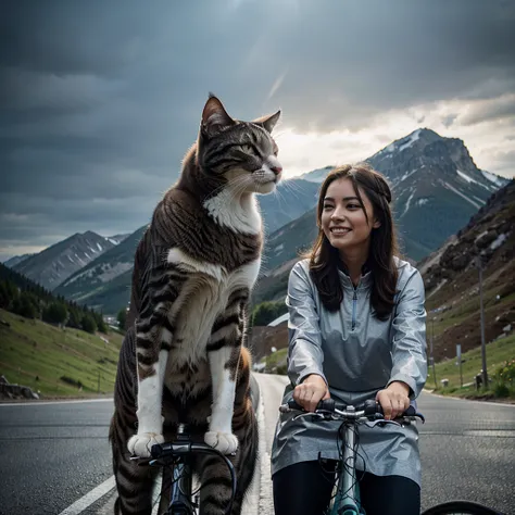 A very beautiful cat couple enjoying life on a bike with light rain on the top of the mountains