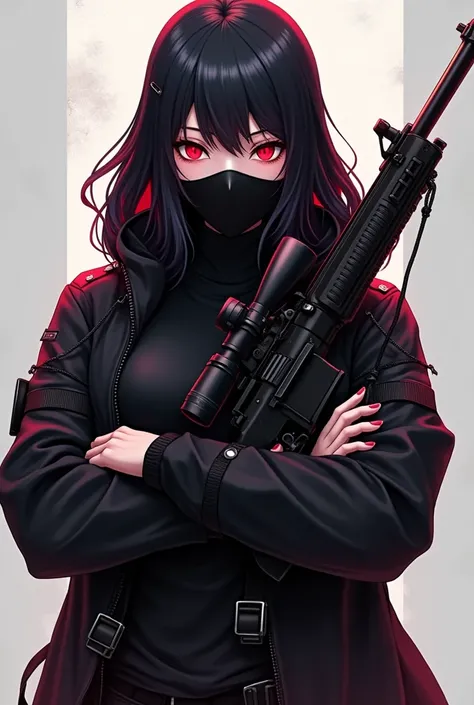  Create me an anime character dressed with her body all black ,  on the mask she has black hair and crimson red eyes , And she wears a mask over her mouth .  The mask has the highlighted letters  "KSB6 " 
 Dont make the letters repeated or buggy , Redo it ...