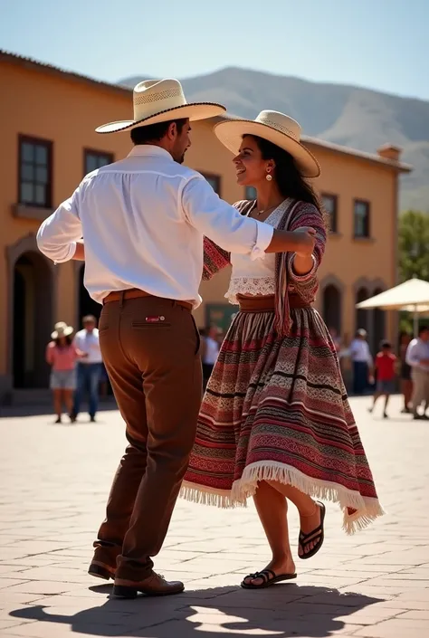 Make me an image of a couple dancing the cueca originally from Tarija the man with his white chapaca shirt, brown pants and flip flops with his chapaco hat and the woman with her white chapaca shirt, short skirt and colored blanket with their flip flops an...