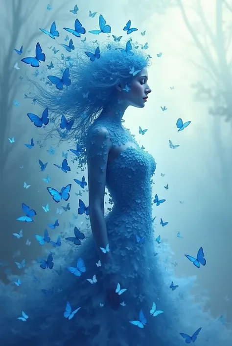 Many blue butterflies that come together to form a woman