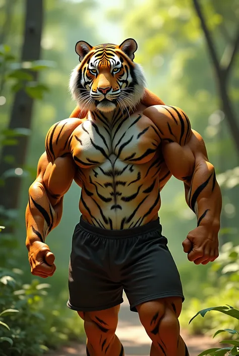 A humanoid tiger with a bodybuilders muscular build standing in a bright forest clearing. The tiger has vivid orange fur with black stripes and is wearing simple athletic shorts. The natural lighting enhances the details of its muscles and fur texture, wit...