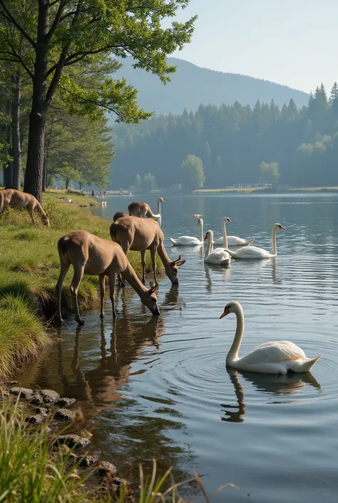 IMG_1018.CR2, photorealistic, Depicting the wild animals by the lake, such as deer herds drinking water by the lake or swans gracefully swimming on the surface of the lake. The calmness of the lake was disrupted by their occasional movements, but soon rega...