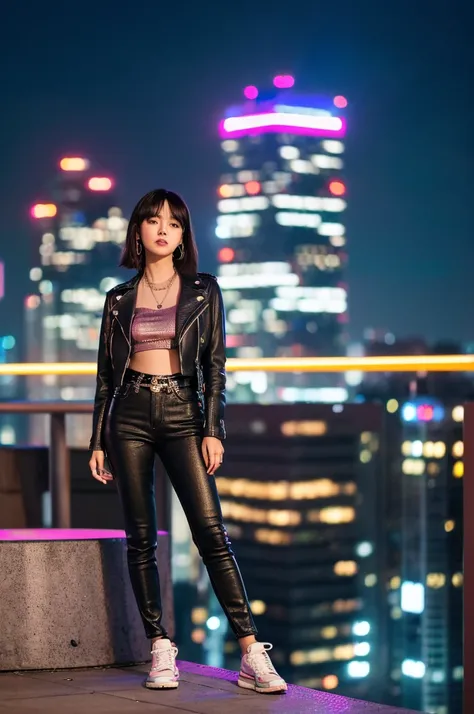 A nighttime cityscape portrait of a young Asian woman standing on a rooftop, wearing a leather jacket over a sequined top, paired with skinny jeans and ankle boots. The glowing skyscrapers and streetlights enhance her bold and modern style, (8k, RAW photo,...