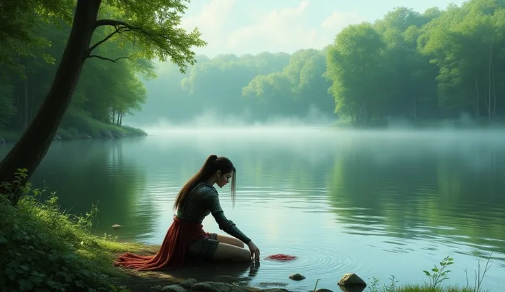 A painting depicting a landscape with a Tranquil Lake in the middle of the forest in the morning with a gentle mist and a female warrior who kneeling  on the shore after a battle and washes herself, midjourneyv6.1