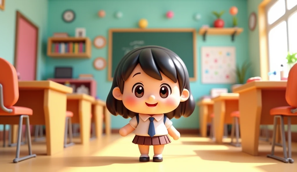 Classroom features a student 3D chibi cartoon style