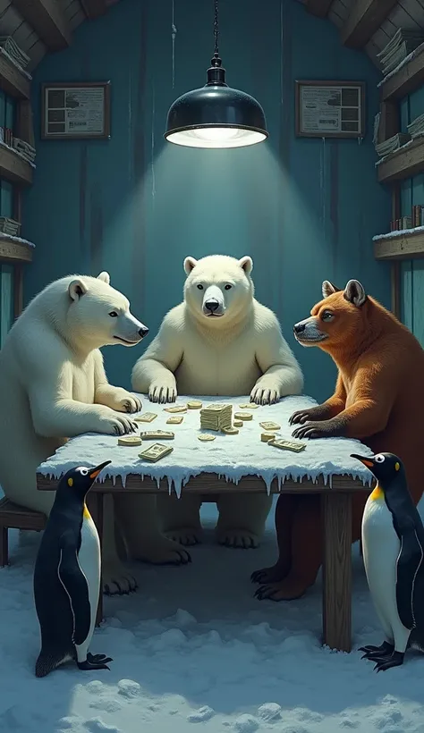 "A polar bear, an arctic fox, and a walrus sit at a frosty wooden table in a dimly lit snow-covered cabin, surrounded by lines of cocaine and stacks of money. Wearing sleeveless undershirts, they discuss in low voices while two armed penguins with assault ...