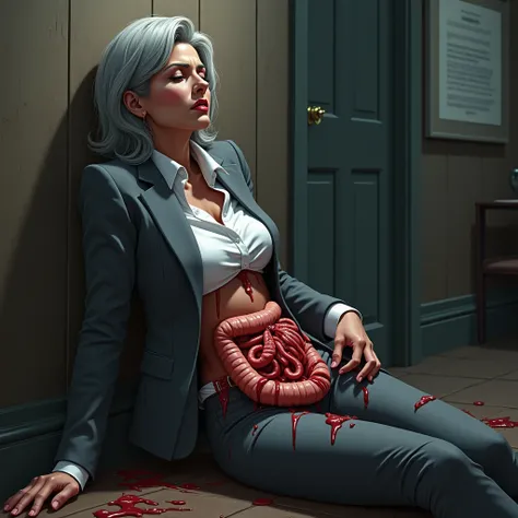  Beautiful American Businesswoman emoji 😨 head grayy suit , open jacket, office formal buttoned shirt tucked in skintight pants, skinny legs and black belt is disemboweled in office ,she is clutching her small intestines, her small intestines are hanging o...