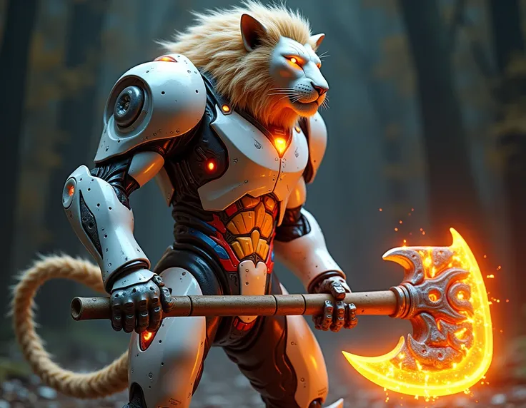 armored humanoid lion wielding a large, glowing axe. The lion appears to be a robot in a highly advanced exoskeleton suit. The armor is white, blue, red and gold with glowing orange accents, and the ax has a serrated edge with a bright, fiery glow, suggest...