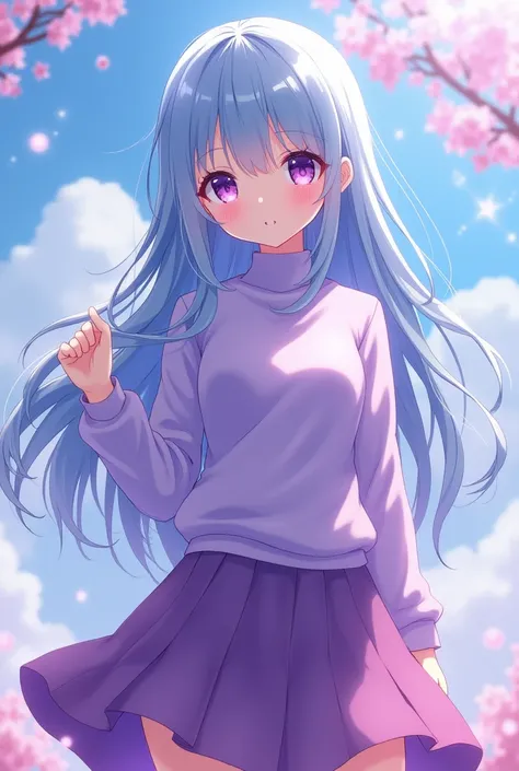  Create a girl with long light blue hair, purple eyes lila . A purple skirt and a light purple anime-type turtleneck sweatshirt