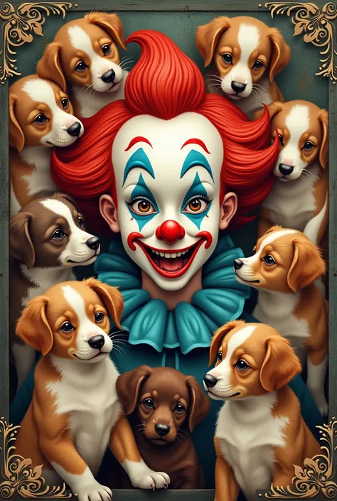 I want the cover of a book with the face of a clown with many puppies that tells the stories of a dog vendor