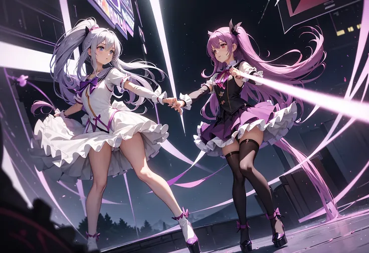 (2Women:1.6),Akemi_Homura,Dark purple long hair, white long shirt , Purple Sailor Color , Black Headband , Black Pantyhose ,Purple ribbon tie,Purple gemstone on the back of the hand,Purple ribbon on chest,Purple short skirt with frills,Black long boots wit...