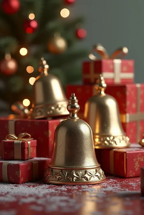 Generate a realistic image of Christmas bells and presents for me