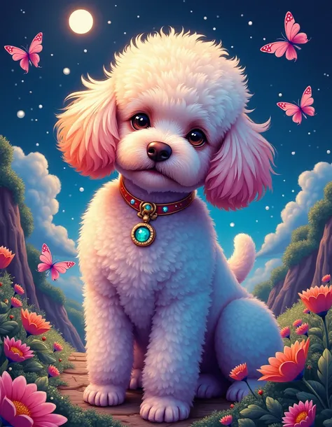 Experience the whimsical world of Naoki Saito through this enchanting Toy Poodle illustration. Naoki Saitos distinctive style is characterized by vibrant colors, intricate details, and a touch of surrealism, and all these elements converge to bring this ar...