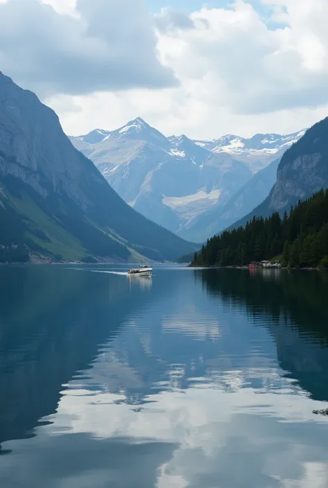 IMG_1018.CR2, photorealistic, Show the mountains and rivers around the lake reflected on the surface of the lake, with the contours of the mountains and the colors of the sky forming a perfect mirror on the water surface. A small boat slowly glided across ...