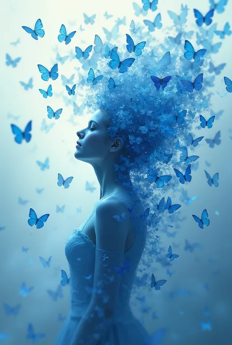 Many blue butterflies that come together to form a woman